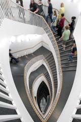 The striking stairway inside the Museum of Contemporary Art, 220 E Chicago Ave